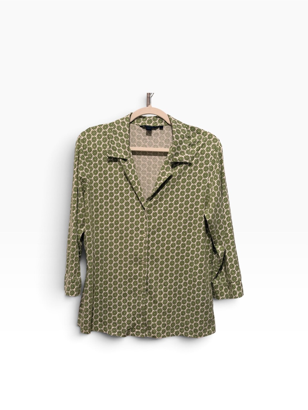 Boden Olive Green Geometric Print Button-Down Shirt 3/4 Sleeves MED